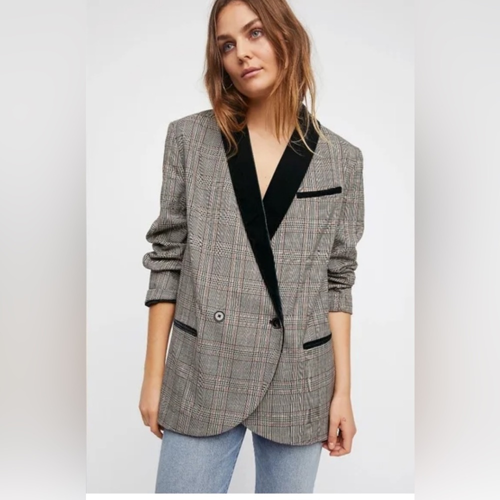 Free People Velvet Trim Plaid Front Button Closure Oversized Blazer Jacket